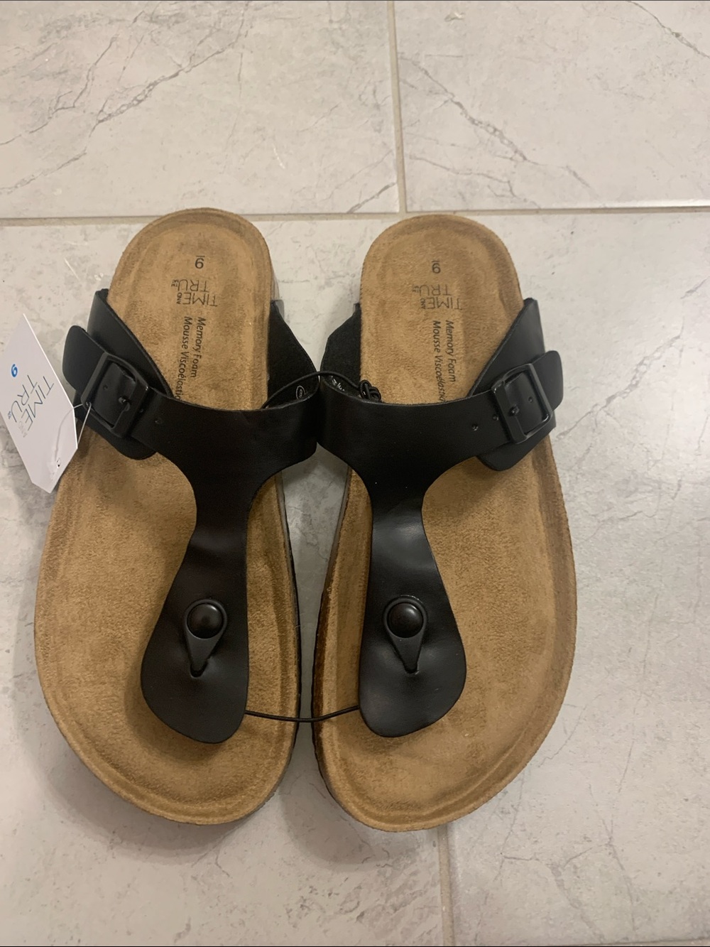 Time and Tru Black Thong Footbed Sandals